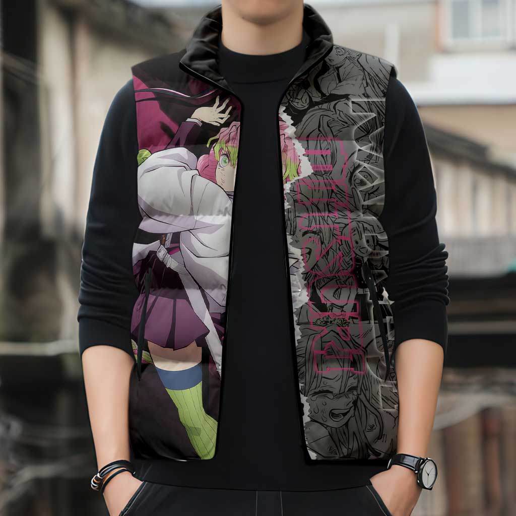 Mitsuri Kanroji Demon Slayer Pink and Black Design Sleeveless Puffer Jacket with Manga Panels and Love Hashira Theme - The Mazicc