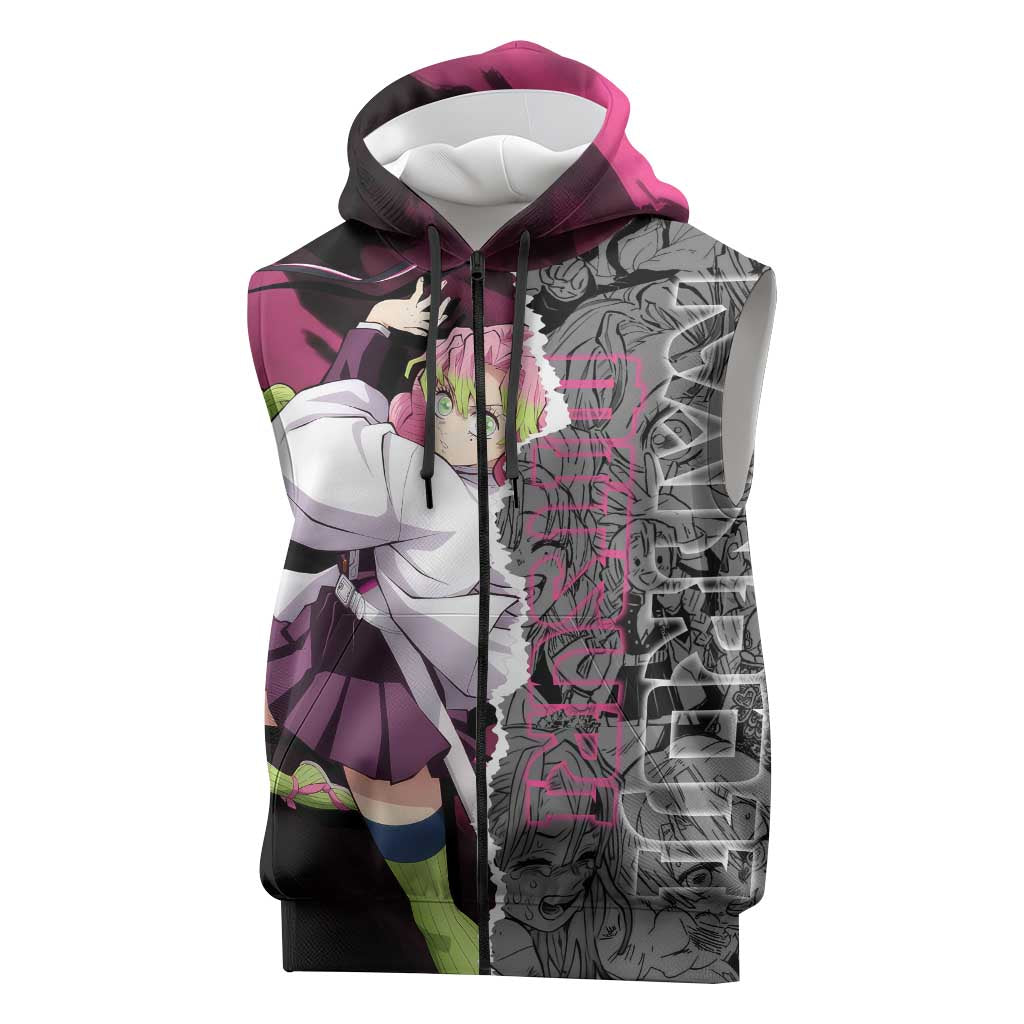 Mitsuri Kanroji Demon Slayer Pink and Black Design Sleeveless Zip Hoodie with Manga Panels and Love Hashira Theme - The Mazicc