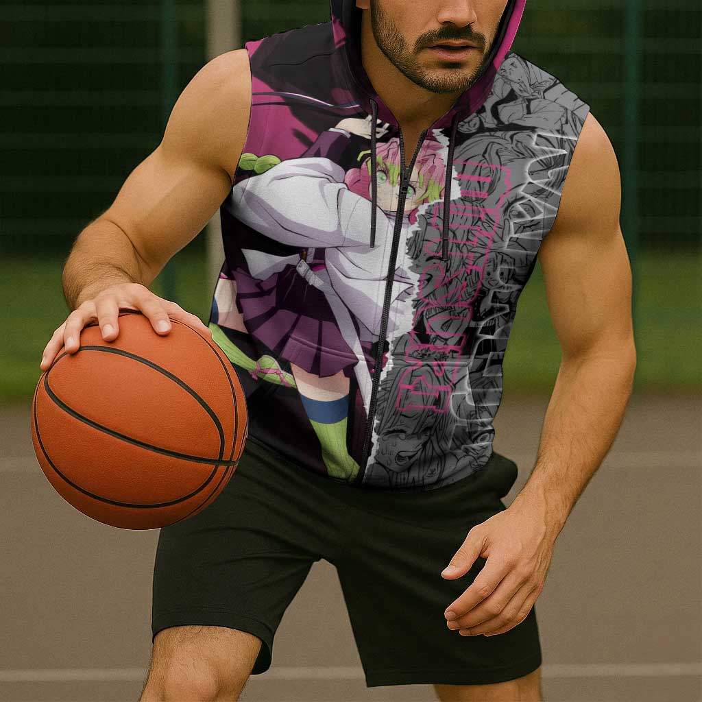 Mitsuri Kanroji Demon Slayer Pink and Black Design Sleeveless Zip Hoodie with Manga Panels and Love Hashira Theme - The Mazicc