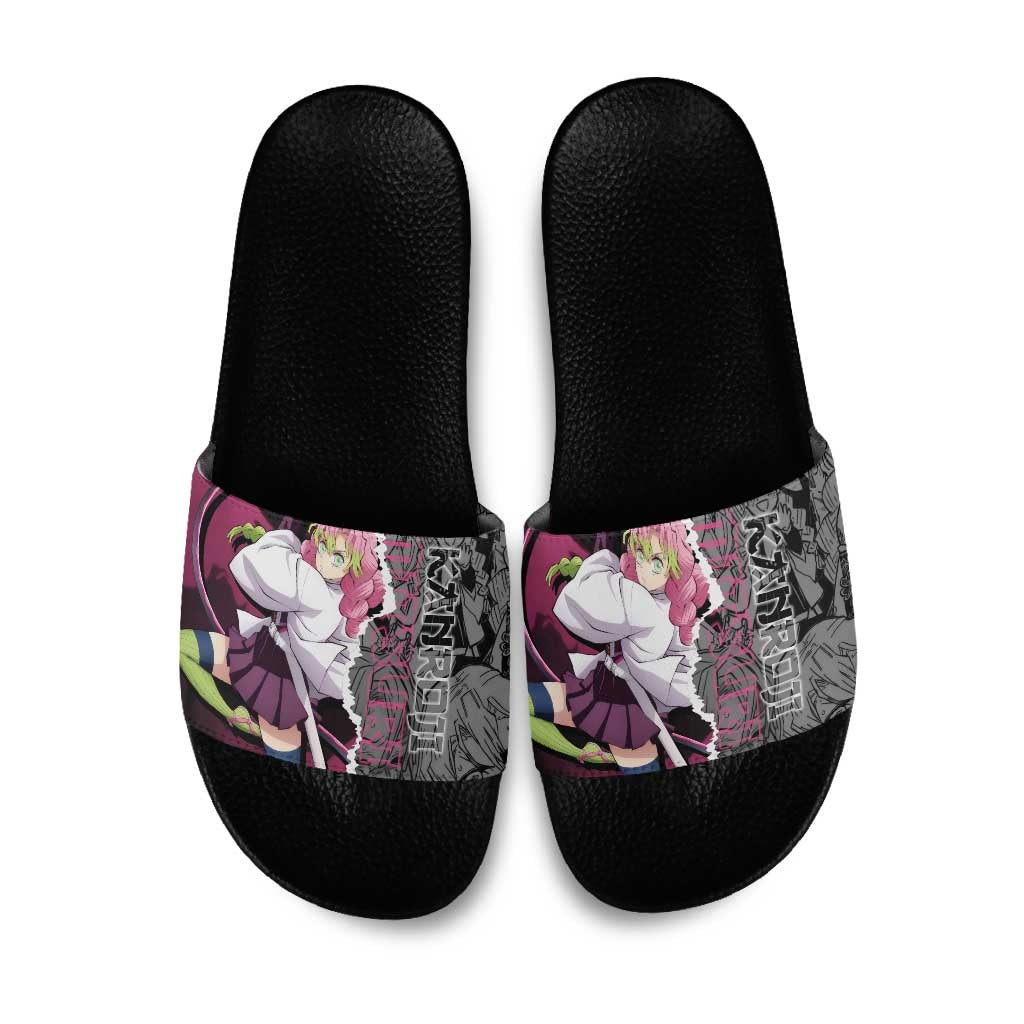 Mitsuri Kanroji Demon Slayer Pink and Black Design Slide Sandals with Manga Panels and Love Hashira Theme - The Mazicc