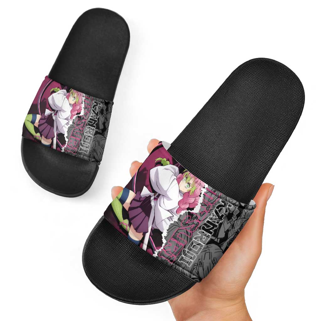 Mitsuri Kanroji Demon Slayer Pink and Black Design Slide Sandals with Manga Panels and Love Hashira Theme - The Mazicc