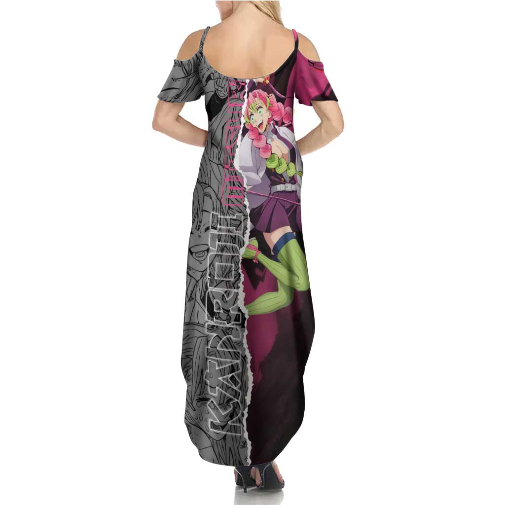 Mitsuri Kanroji Demon Slayer Pink and Black Design Summer Maxi Dress with Manga Panels and Love Hashira Theme - The Mazicc