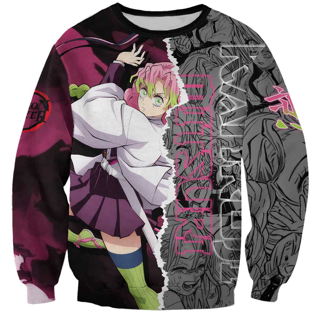Mitsuri Kanroji Demon Slayer Pink and Black Design Sweatshirt with Manga Panels and Love Hashira Theme - The Mazicc