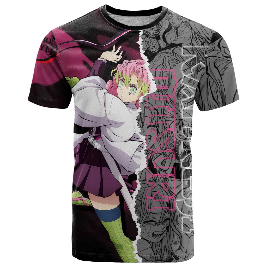 Mitsuri Kanroji Demon Slayer Pink and Black Design T Shirt with Manga Panels and Love Hashira Theme - The Mazicc