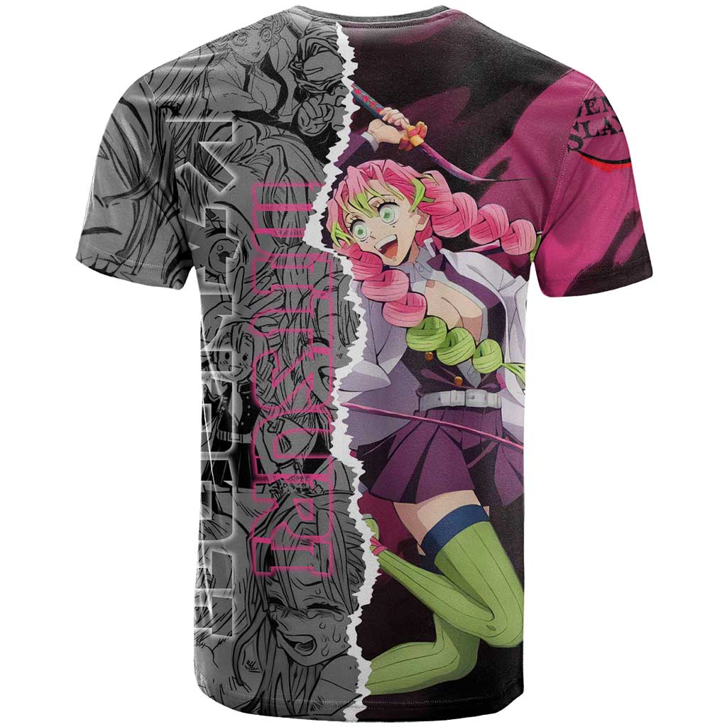 Mitsuri Kanroji Demon Slayer Pink and Black Design T Shirt with Manga Panels and Love Hashira Theme - The Mazicc