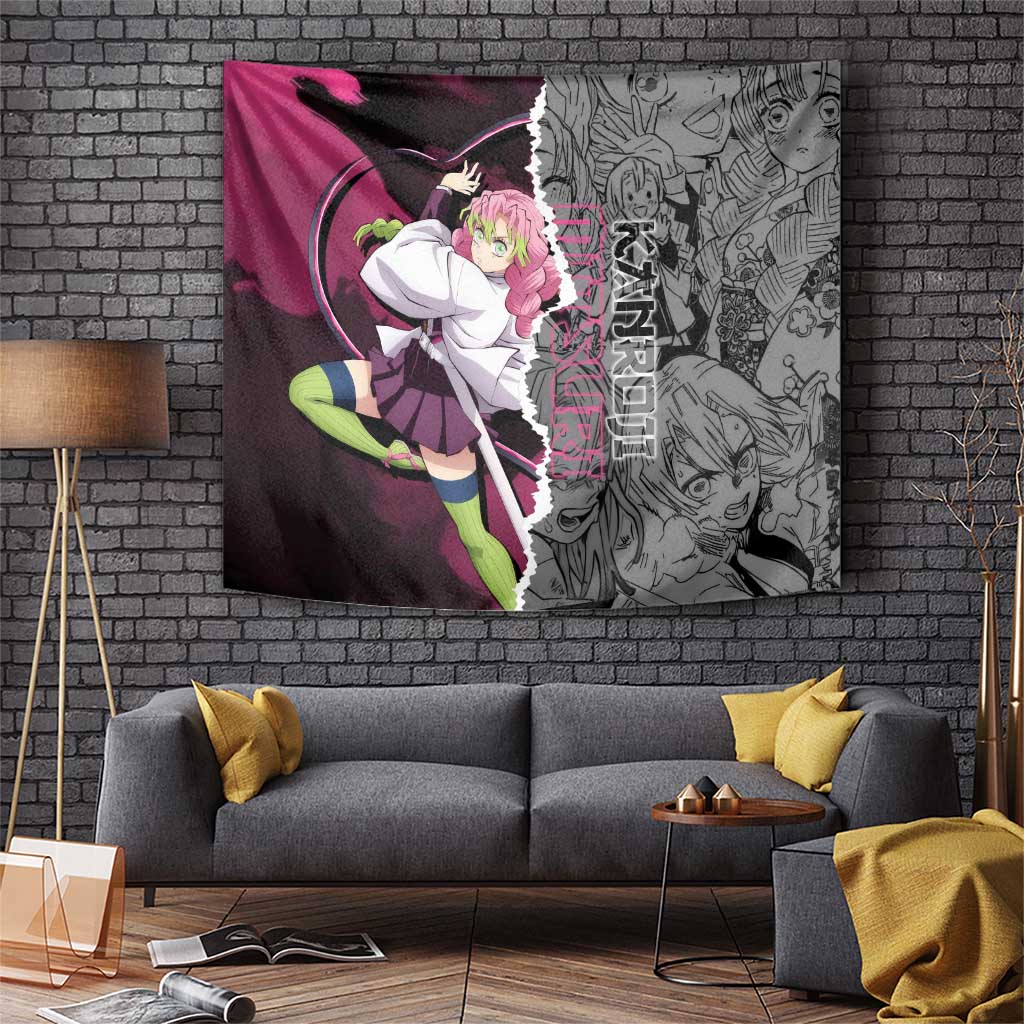 Mitsuri Kanroji Demon Slayer Pink and Black Design Tapestry with Manga Panels and Love Hashira Theme - The Mazicc