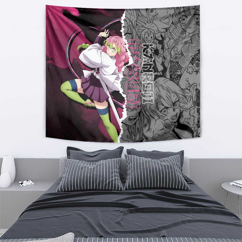 Mitsuri Kanroji Demon Slayer Pink and Black Design Tapestry with Manga Panels and Love Hashira Theme - The Mazicc