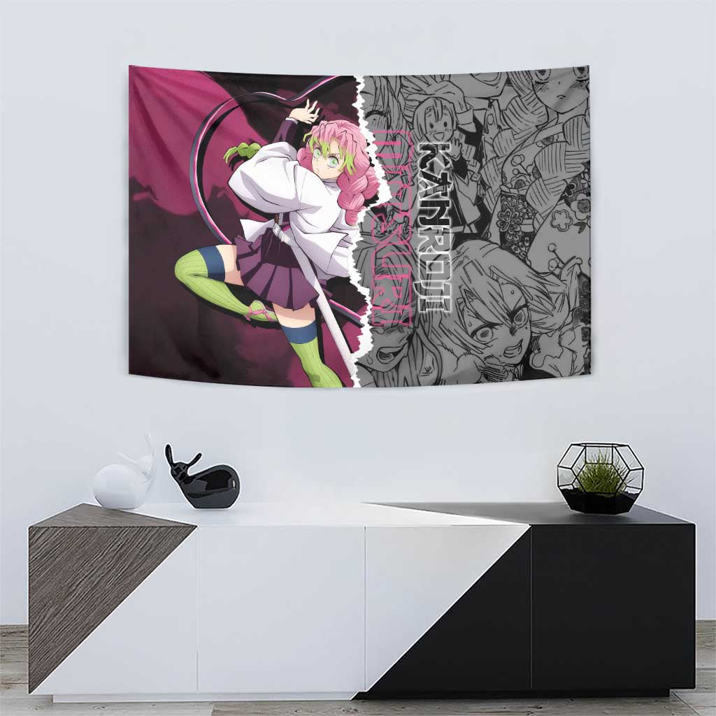 Mitsuri Kanroji Demon Slayer Pink and Black Design Tapestry with Manga Panels and Love Hashira Theme - The Mazicc