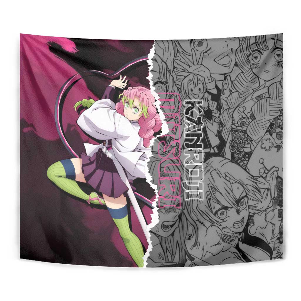 Mitsuri Kanroji Demon Slayer Pink and Black Design Tapestry with Manga Panels and Love Hashira Theme - The Mazicc