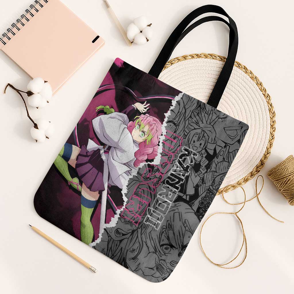 Mitsuri Kanroji Demon Slayer Pink and Black Design Tote Bag with Manga Panels and Love Hashira Theme - The Mazicc