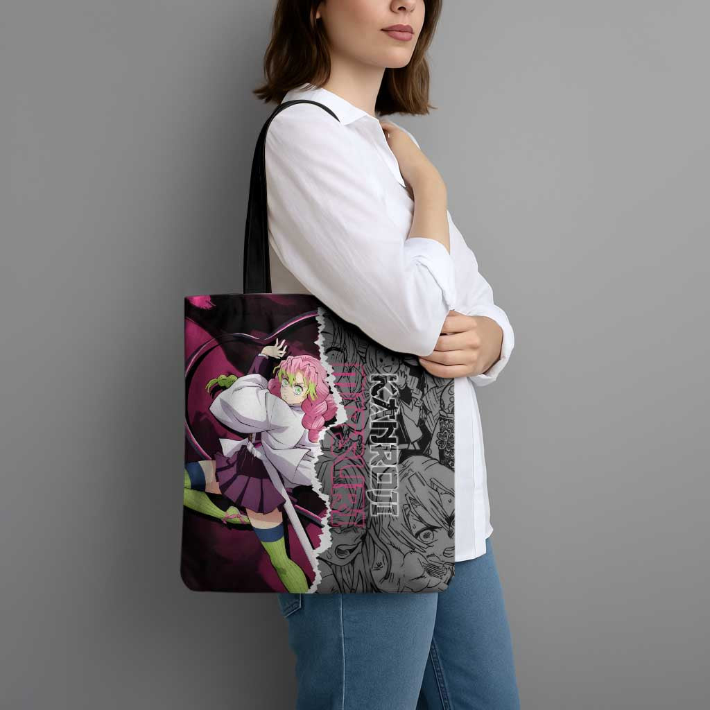 Mitsuri Kanroji Demon Slayer Pink and Black Design Tote Bag with Manga Panels and Love Hashira Theme - The Mazicc