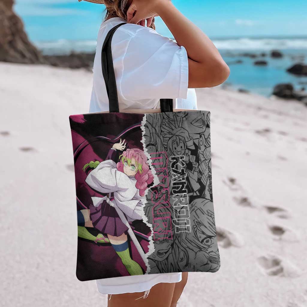 Mitsuri Kanroji Demon Slayer Pink and Black Design Tote Bag with Manga Panels and Love Hashira Theme - The Mazicc