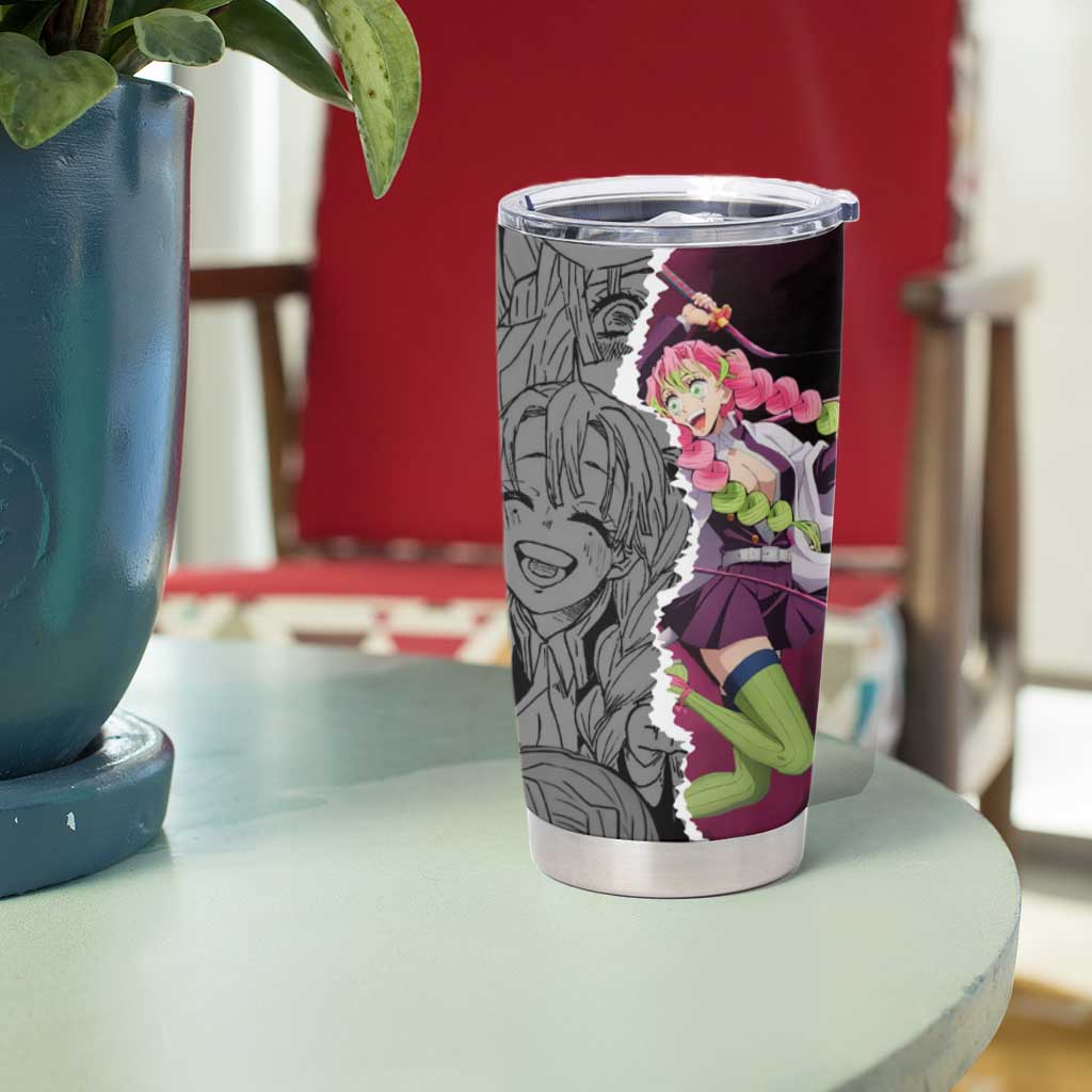Mitsuri Kanroji Demon Slayer Pink and Black Design Tumbler Cup with Manga Panels and Love Hashira Theme - The Mazicc