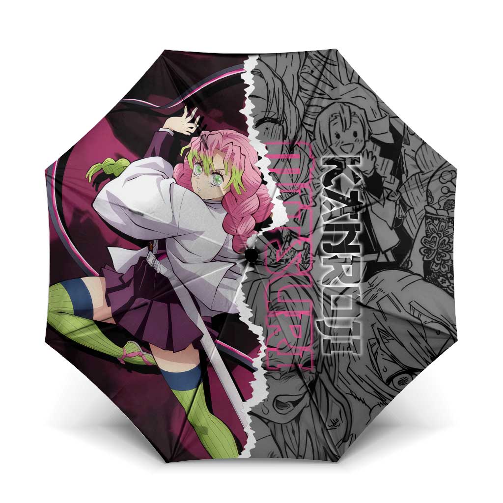 Mitsuri Kanroji Demon Slayer Pink and Black Design Umbrella with Manga Panels and Love Hashira Theme - The Mazicc