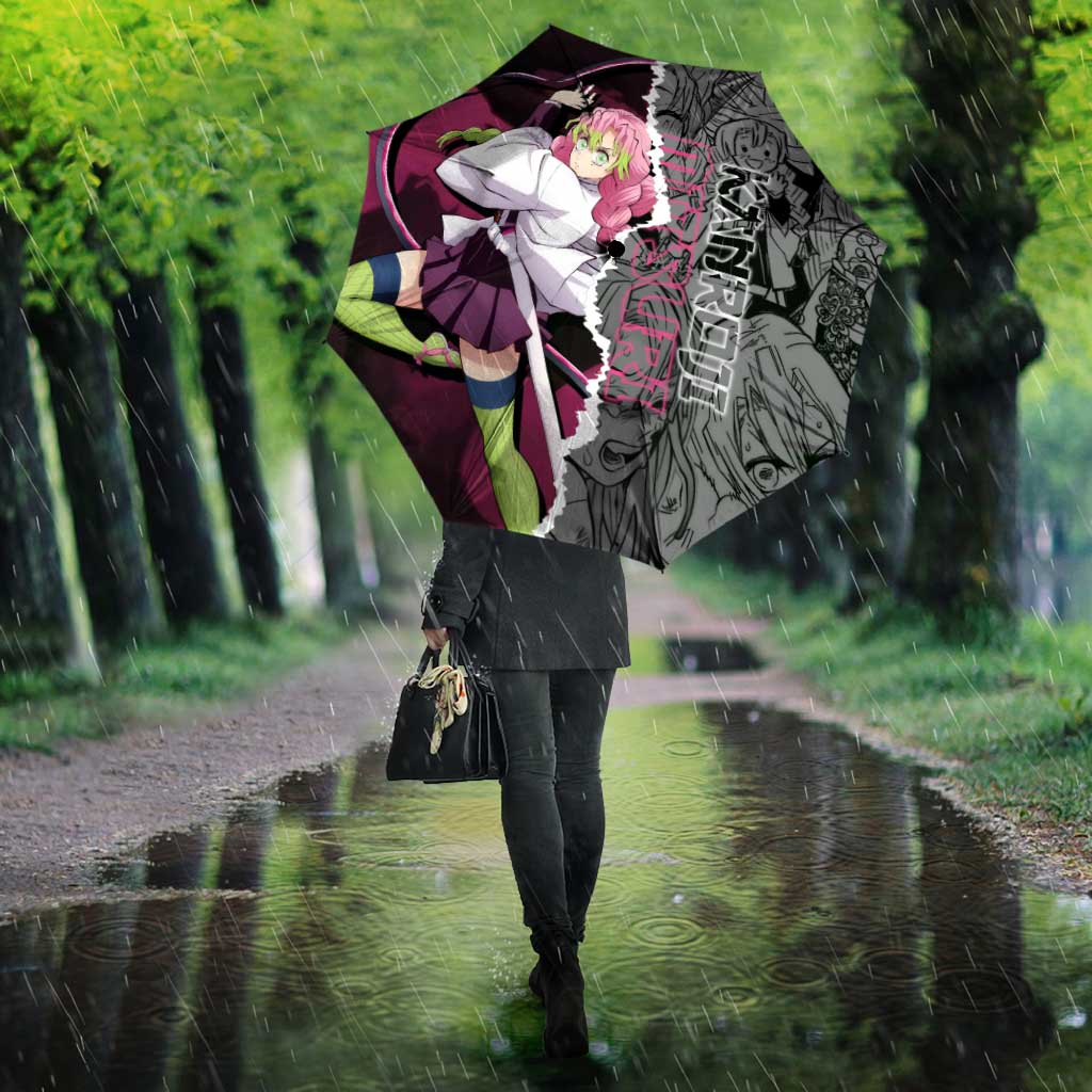 Mitsuri Kanroji Demon Slayer Pink and Black Design Umbrella with Manga Panels and Love Hashira Theme - The Mazicc