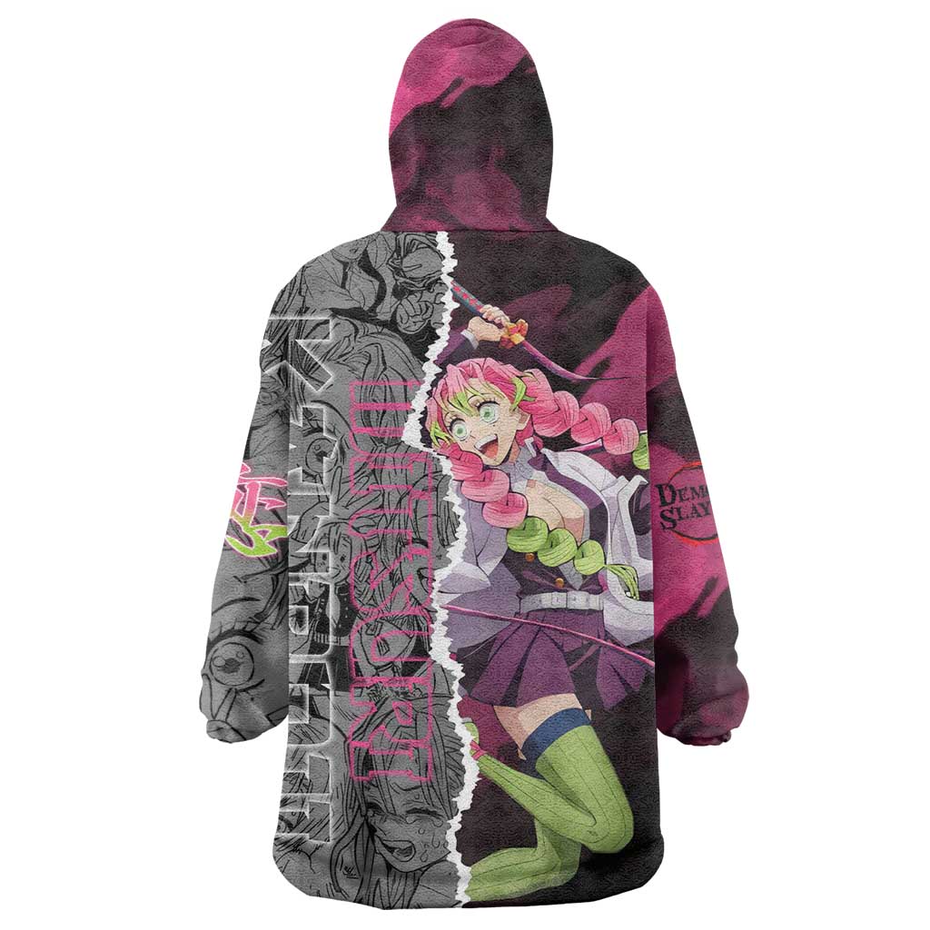 Mitsuri Kanroji Demon Slayer Pink and Black Design Wearable Blanket Hoodie with Manga Panels and Love Hashira Theme - The Mazicc