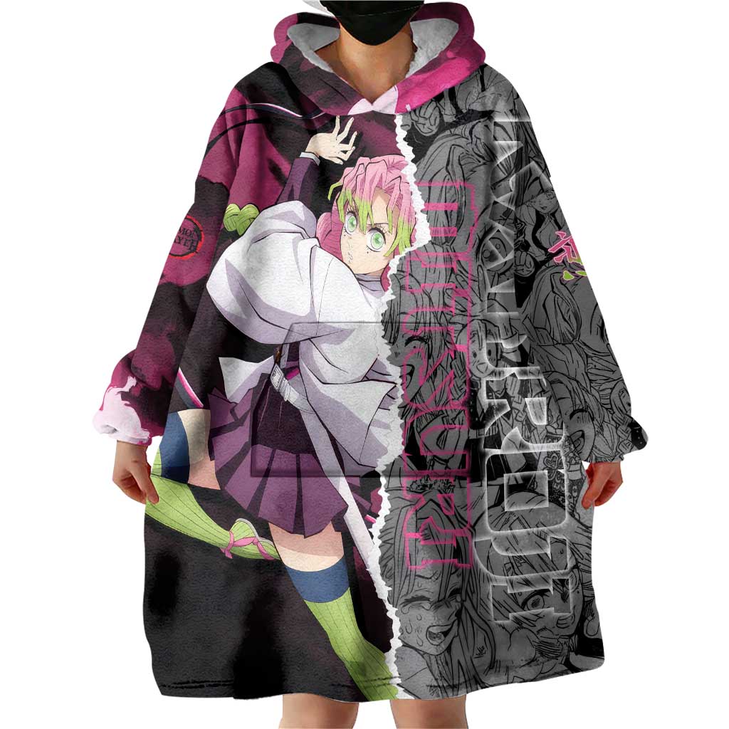 Mitsuri Kanroji Demon Slayer Pink and Black Design Wearable Blanket Hoodie with Manga Panels and Love Hashira Theme - The Mazicc