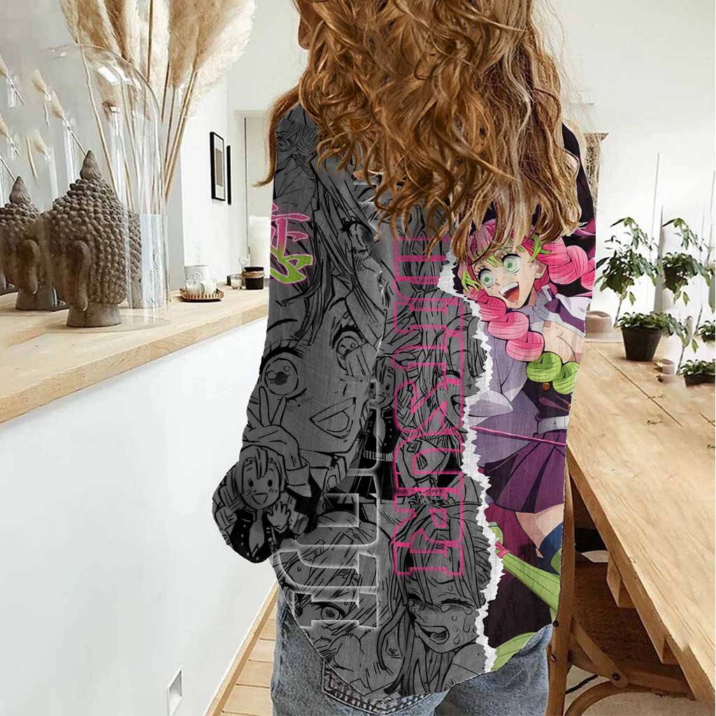 Mitsuri Kanroji Demon Slayer Pink and Black Design Women Casual Shirt with Manga Panels and Love Hashira Theme - The Mazicc