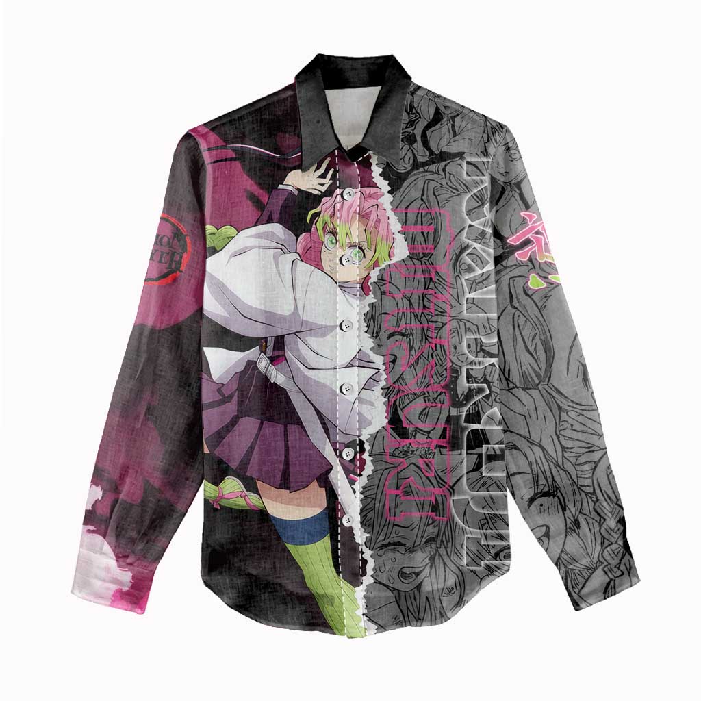 Mitsuri Kanroji Demon Slayer Pink and Black Design Women Casual Shirt with Manga Panels and Love Hashira Theme - The Mazicc