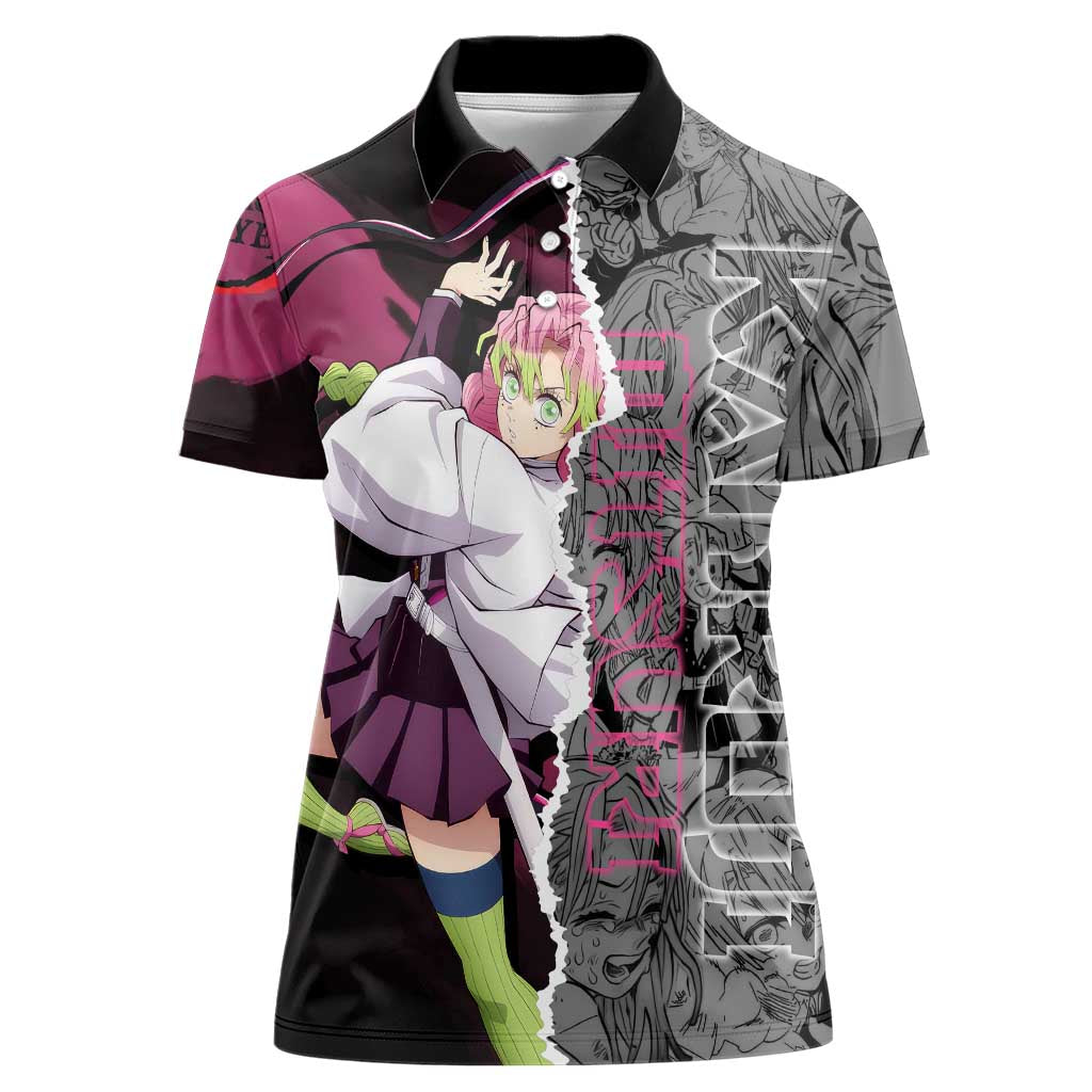 Mitsuri Kanroji Demon Slayer Pink and Black Design Women Polo Shirt with Manga Panels and Love Hashira Theme - The Mazicc