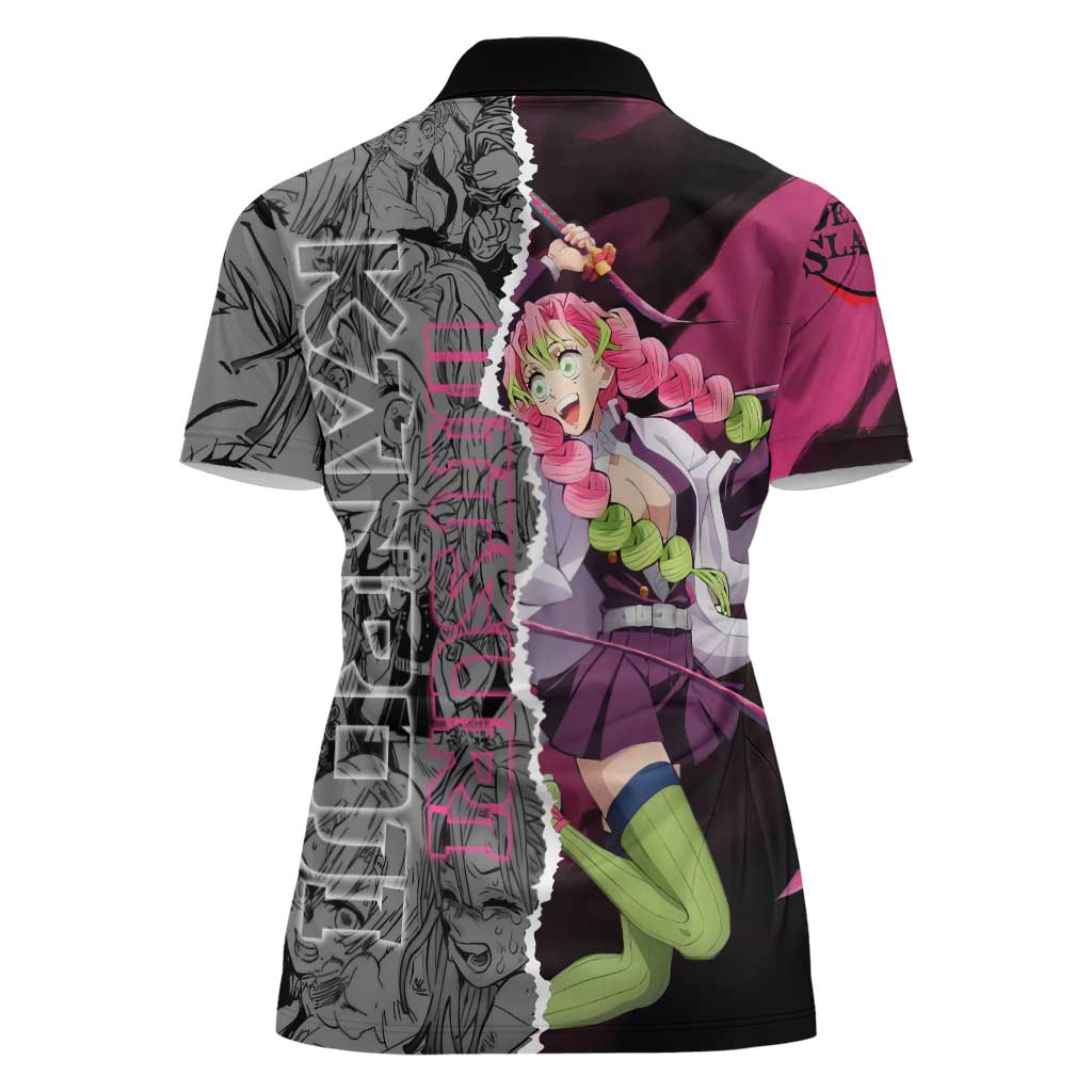 Mitsuri Kanroji Demon Slayer Pink and Black Design Women Polo Shirt with Manga Panels and Love Hashira Theme - The Mazicc