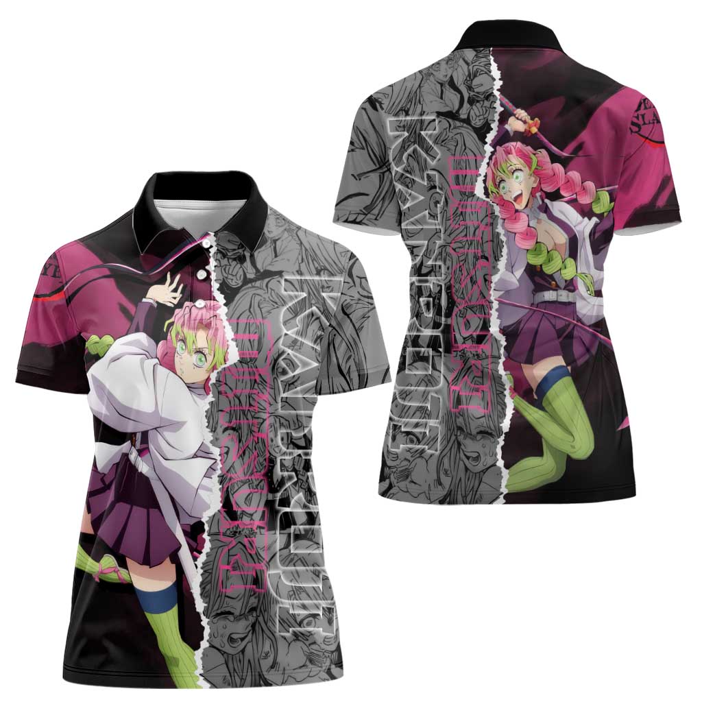 Mitsuri Kanroji Demon Slayer Pink and Black Design Women Polo Shirt with Manga Panels and Love Hashira Theme - The Mazicc
