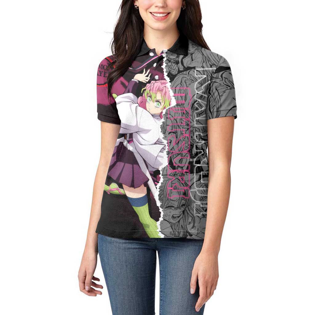 Mitsuri Kanroji Demon Slayer Pink and Black Design Women Polo Shirt with Manga Panels and Love Hashira Theme - The Mazicc