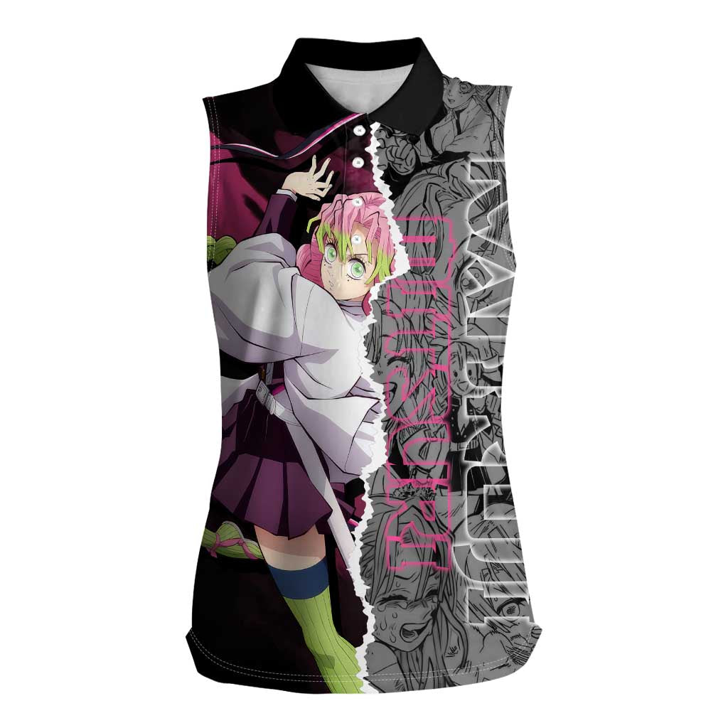 Mitsuri Kanroji Demon Slayer Pink and Black Design Women Sleeveless Polo Shirt with Manga Panels and Love Hashira Theme - The Mazicc