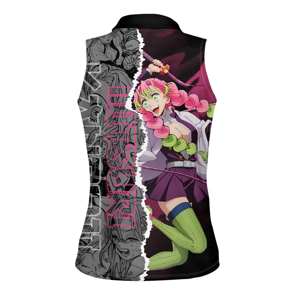 Mitsuri Kanroji Demon Slayer Pink and Black Design Women Sleeveless Polo Shirt with Manga Panels and Love Hashira Theme - The Mazicc