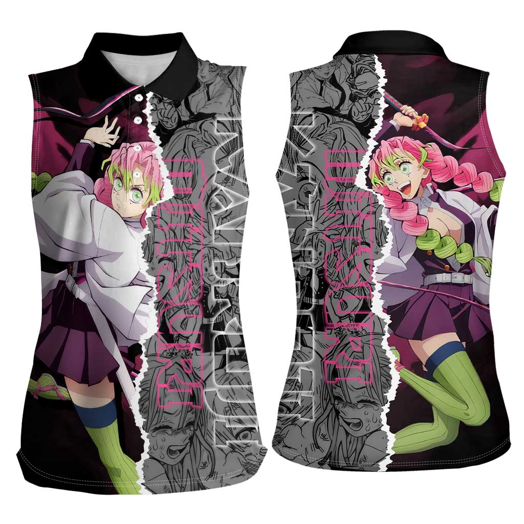 Mitsuri Kanroji Demon Slayer Pink and Black Design Women Sleeveless Polo Shirt with Manga Panels and Love Hashira Theme - The Mazicc