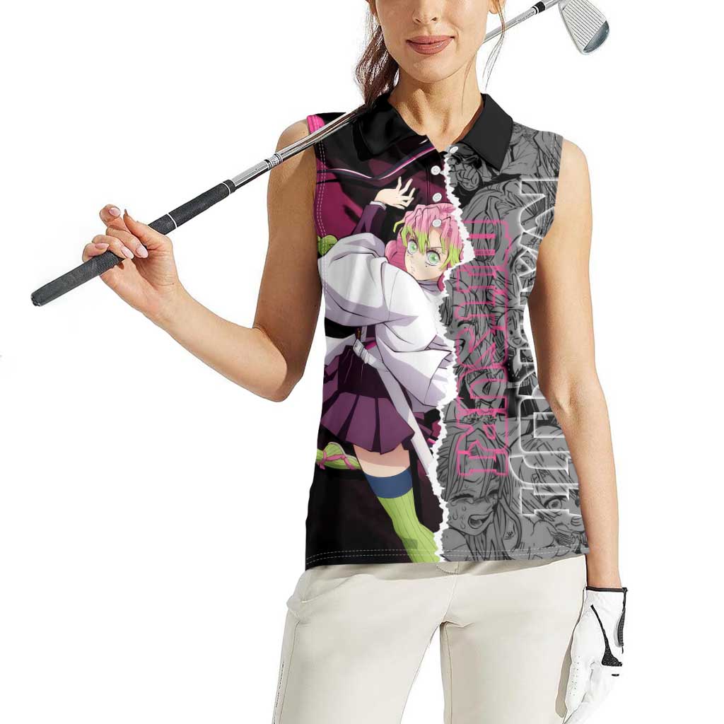Mitsuri Kanroji Demon Slayer Pink and Black Design Women Sleeveless Polo Shirt with Manga Panels and Love Hashira Theme - The Mazicc