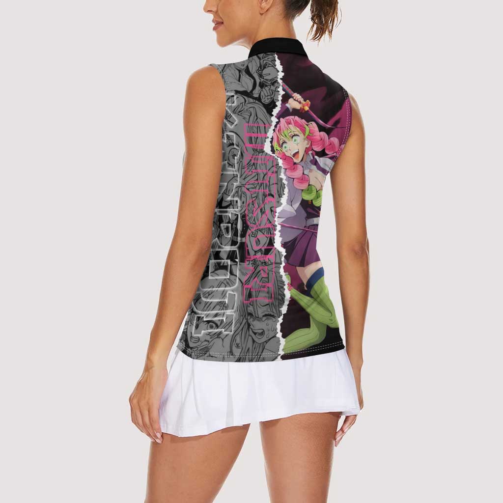 Mitsuri Kanroji Demon Slayer Pink and Black Design Women Sleeveless Polo Shirt with Manga Panels and Love Hashira Theme - The Mazicc
