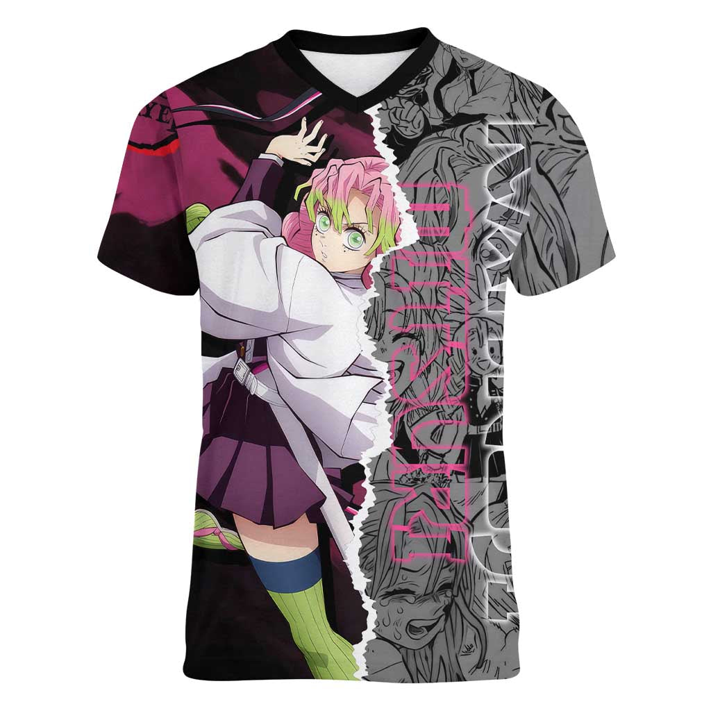 Mitsuri Kanroji Demon Slayer Pink and Black Design Women V-Neck T-Shirt with Manga Panels and Love Hashira Theme - The Mazicc
