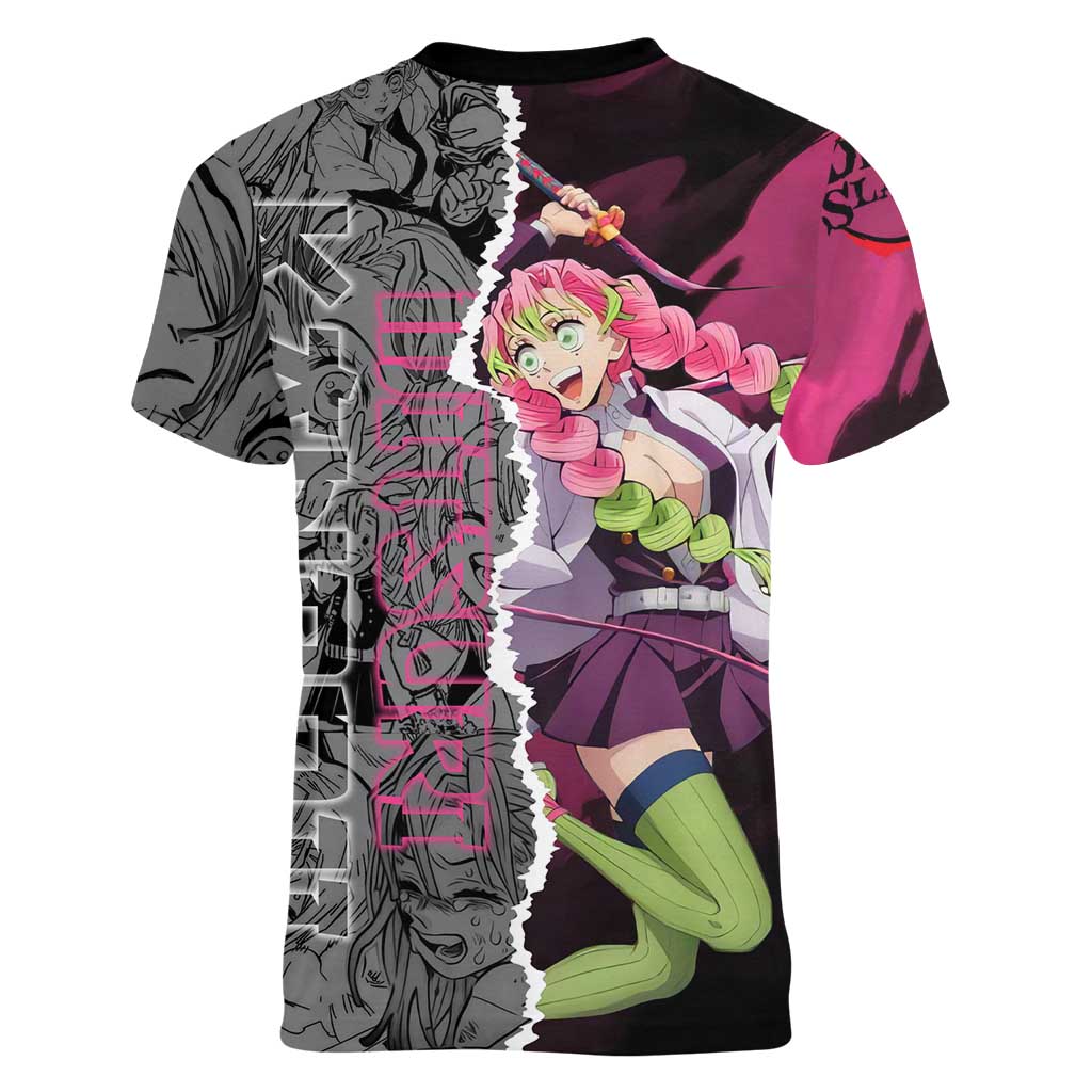 Mitsuri Kanroji Demon Slayer Pink and Black Design Women V-Neck T-Shirt with Manga Panels and Love Hashira Theme - The Mazicc