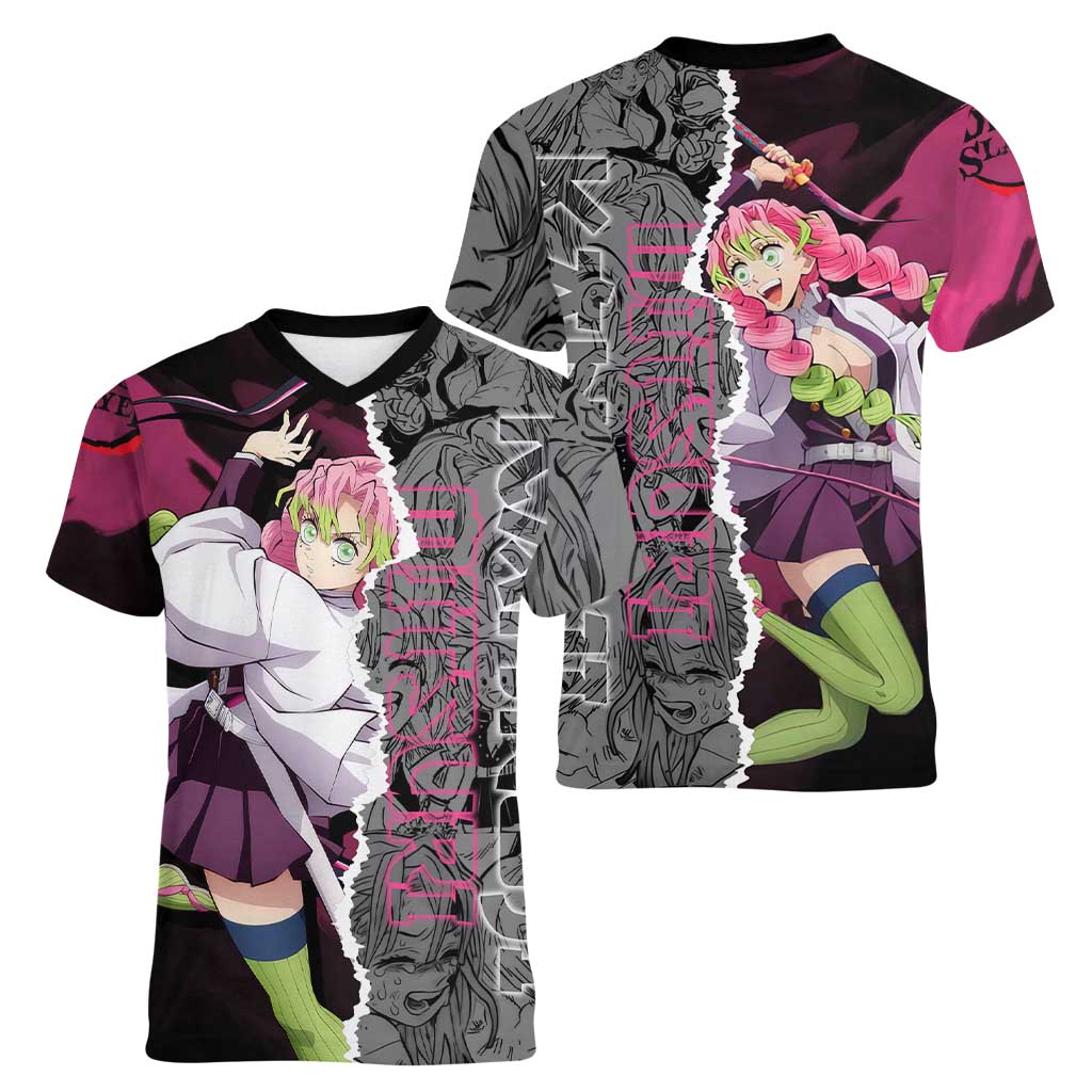 Mitsuri Kanroji Demon Slayer Pink and Black Design Women V-Neck T-Shirt with Manga Panels and Love Hashira Theme - The Mazicc