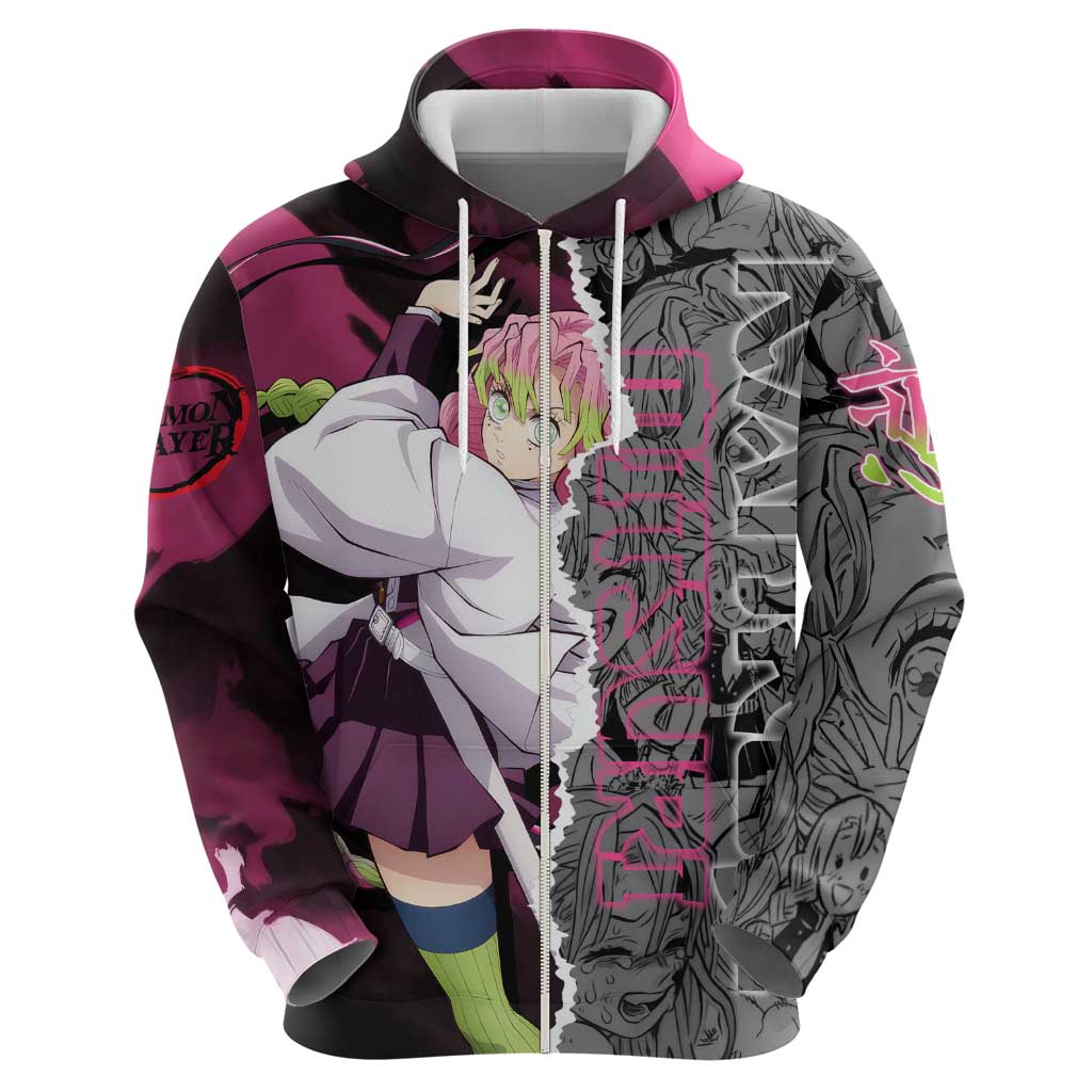 Mitsuri Kanroji Demon Slayer Pink and Black Design Zip Hoodie with Manga Panels and Love Hashira Theme - The Mazicc
