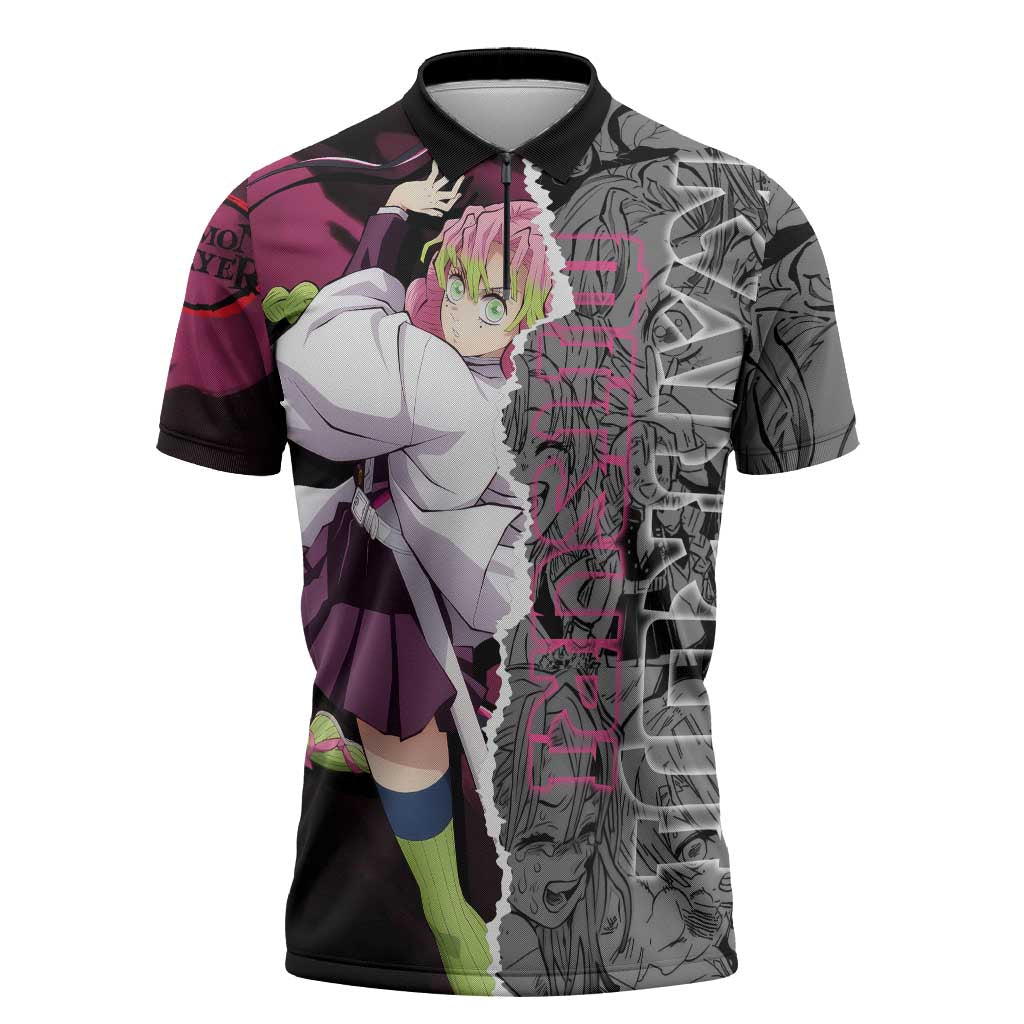 Mitsuri Kanroji Demon Slayer Pink and Black Design Zipper Polo Shirt with Manga Panels and Love Hashira Theme - The Mazicc