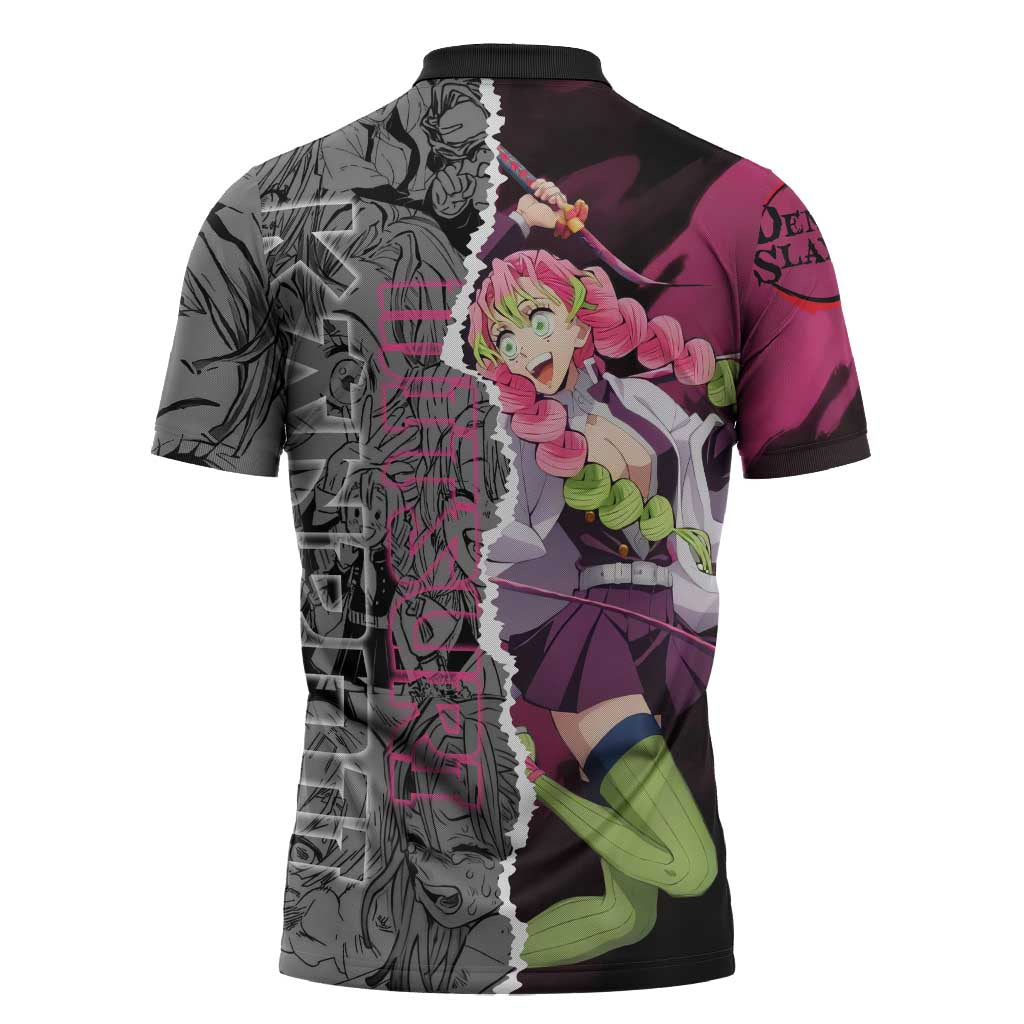 Mitsuri Kanroji Demon Slayer Pink and Black Design Zipper Polo Shirt with Manga Panels and Love Hashira Theme - The Mazicc