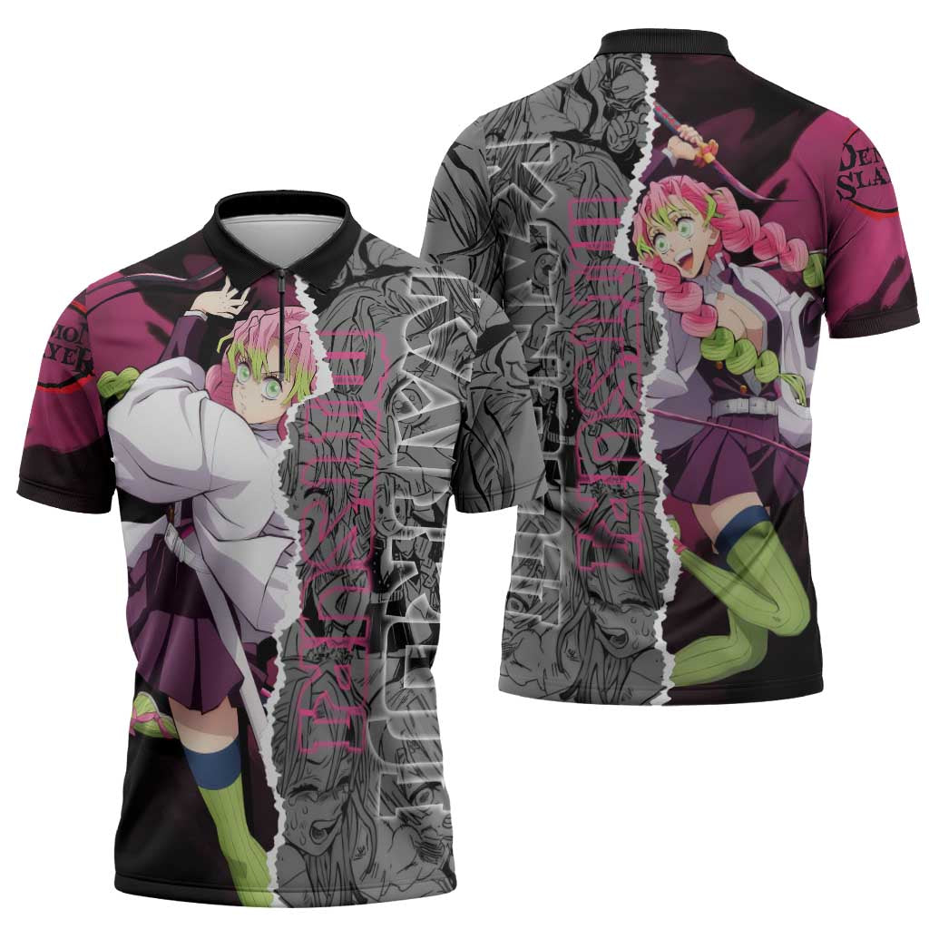 Mitsuri Kanroji Demon Slayer Pink and Black Design Zipper Polo Shirt with Manga Panels and Love Hashira Theme - The Mazicc