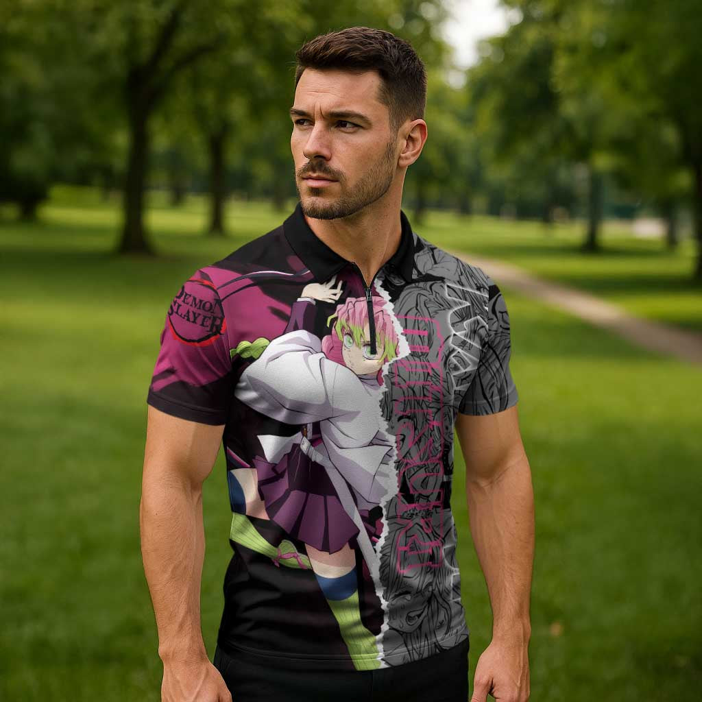 Mitsuri Kanroji Demon Slayer Pink and Black Design Zipper Polo Shirt with Manga Panels and Love Hashira Theme - The Mazicc