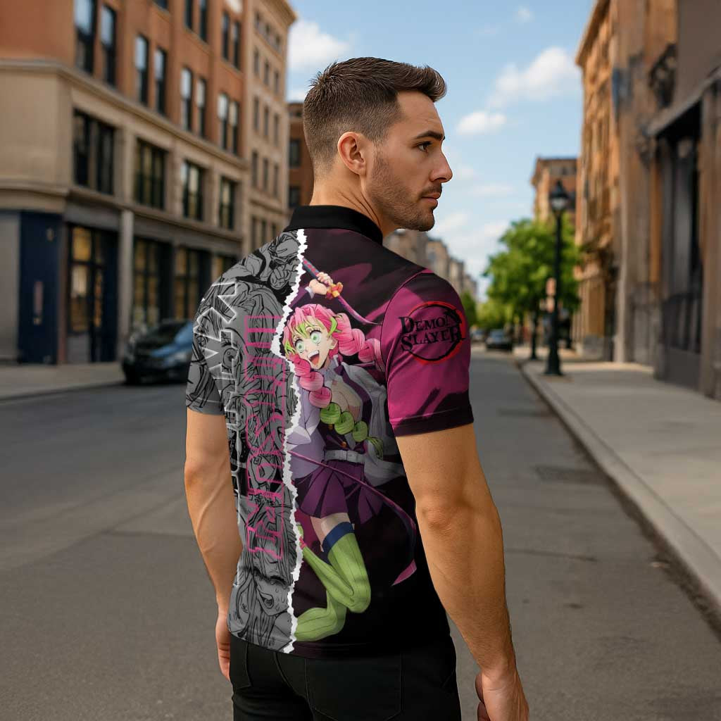 Mitsuri Kanroji Demon Slayer Pink and Black Design Zipper Polo Shirt with Manga Panels and Love Hashira Theme - The Mazicc