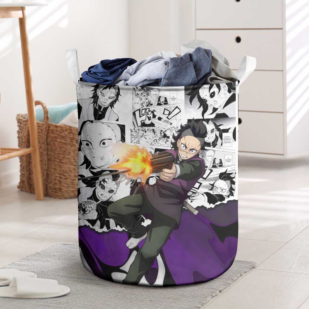 Genya Shinazugawa Demon Slayer Manga Panel Black and White Theme Laundry Basket with Purple Accents and Gun Action Pose - The Mazicc
