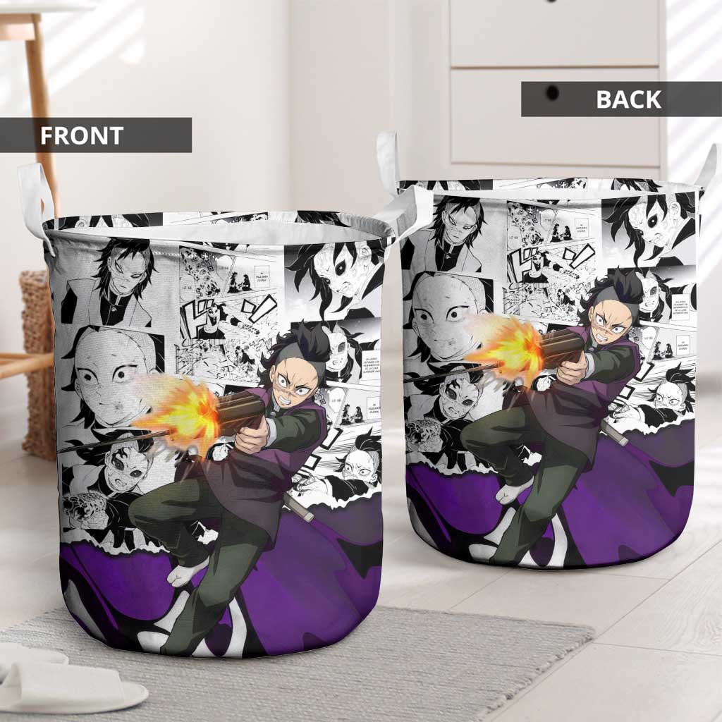 Genya Shinazugawa Demon Slayer Manga Panel Black and White Theme Laundry Basket with Purple Accents and Gun Action Pose - The Mazicc