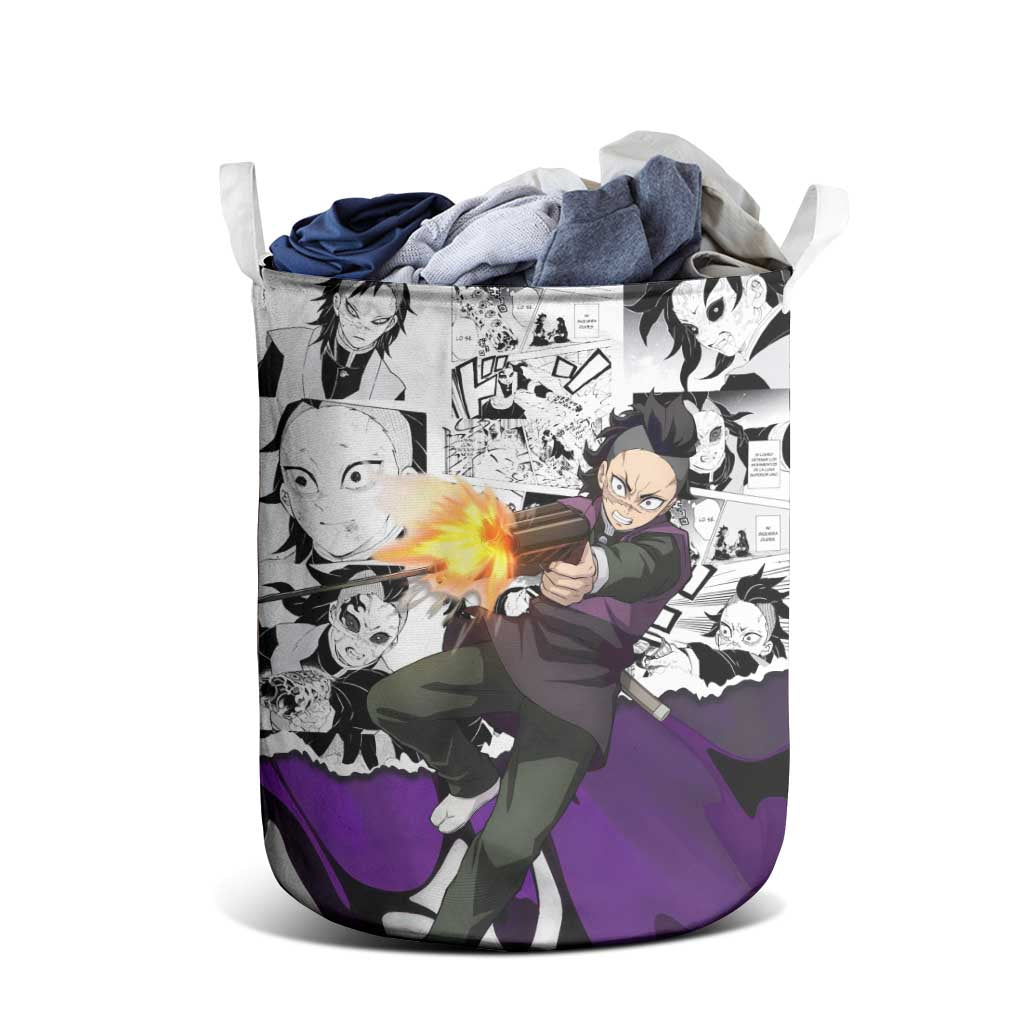 Genya Shinazugawa Demon Slayer Manga Panel Black and White Theme Laundry Basket with Purple Accents and Gun Action Pose - The Mazicc