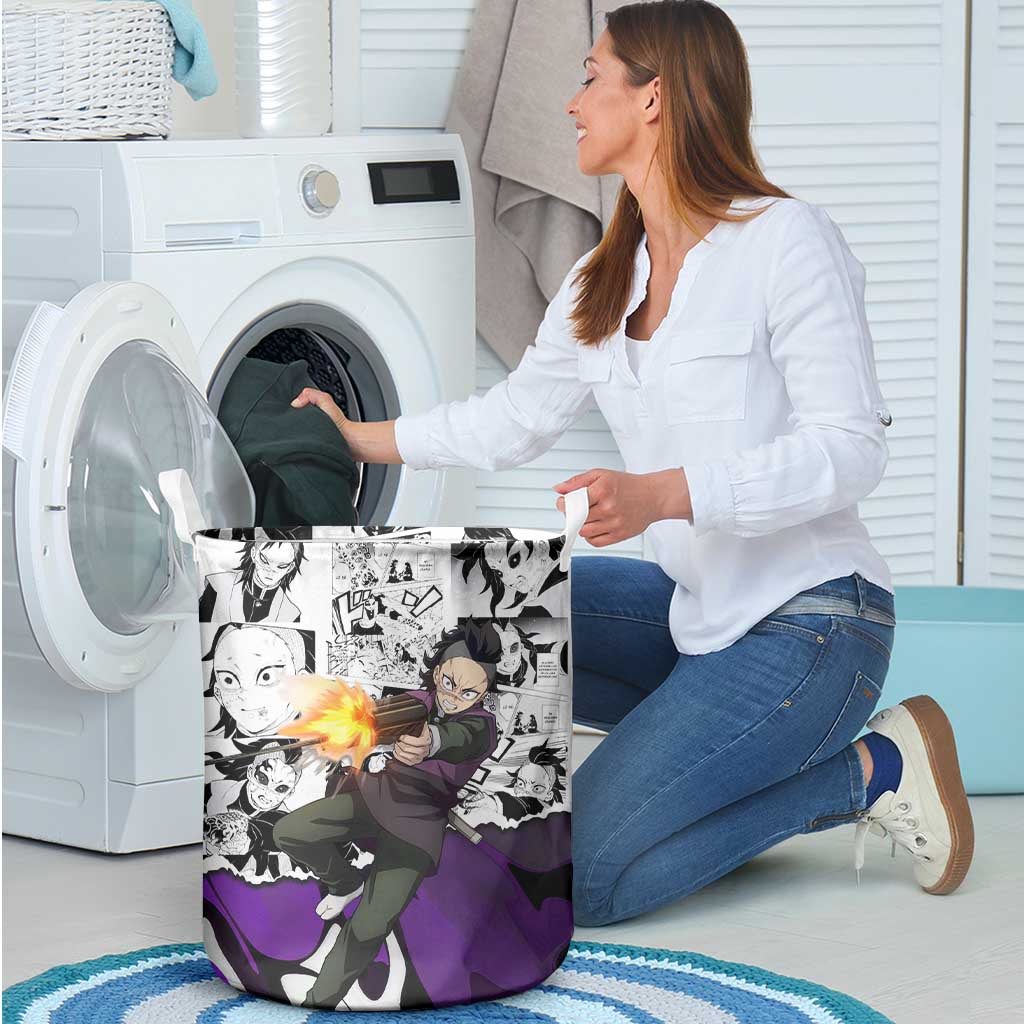 Genya Shinazugawa Demon Slayer Manga Panel Black and White Theme Laundry Basket with Purple Accents and Gun Action Pose - The Mazicc