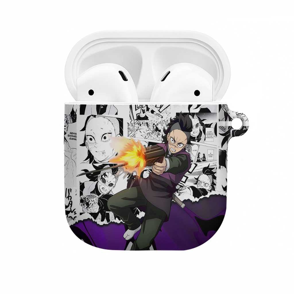 Genya Shinazugawa Demon Slayer Manga Panel Black and White Theme AirPods Case with Purple Accents and Gun Action Pose - The Mazicc