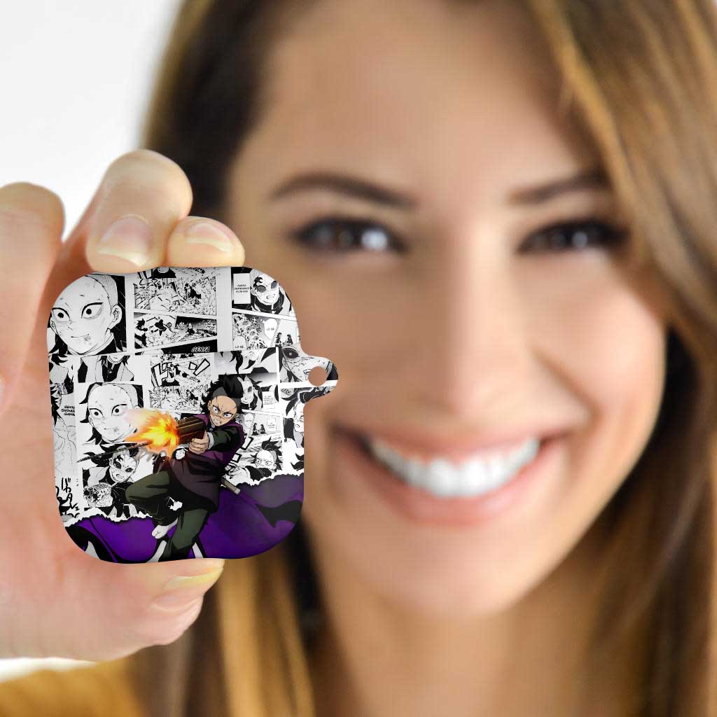Genya Shinazugawa Demon Slayer Manga Panel Black and White Theme AirPods Case with Purple Accents and Gun Action Pose - The Mazicc