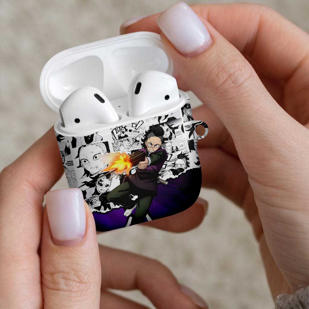 Genya Shinazugawa Demon Slayer Manga Panel Black and White Theme AirPods Case with Purple Accents and Gun Action Pose - The Mazicc