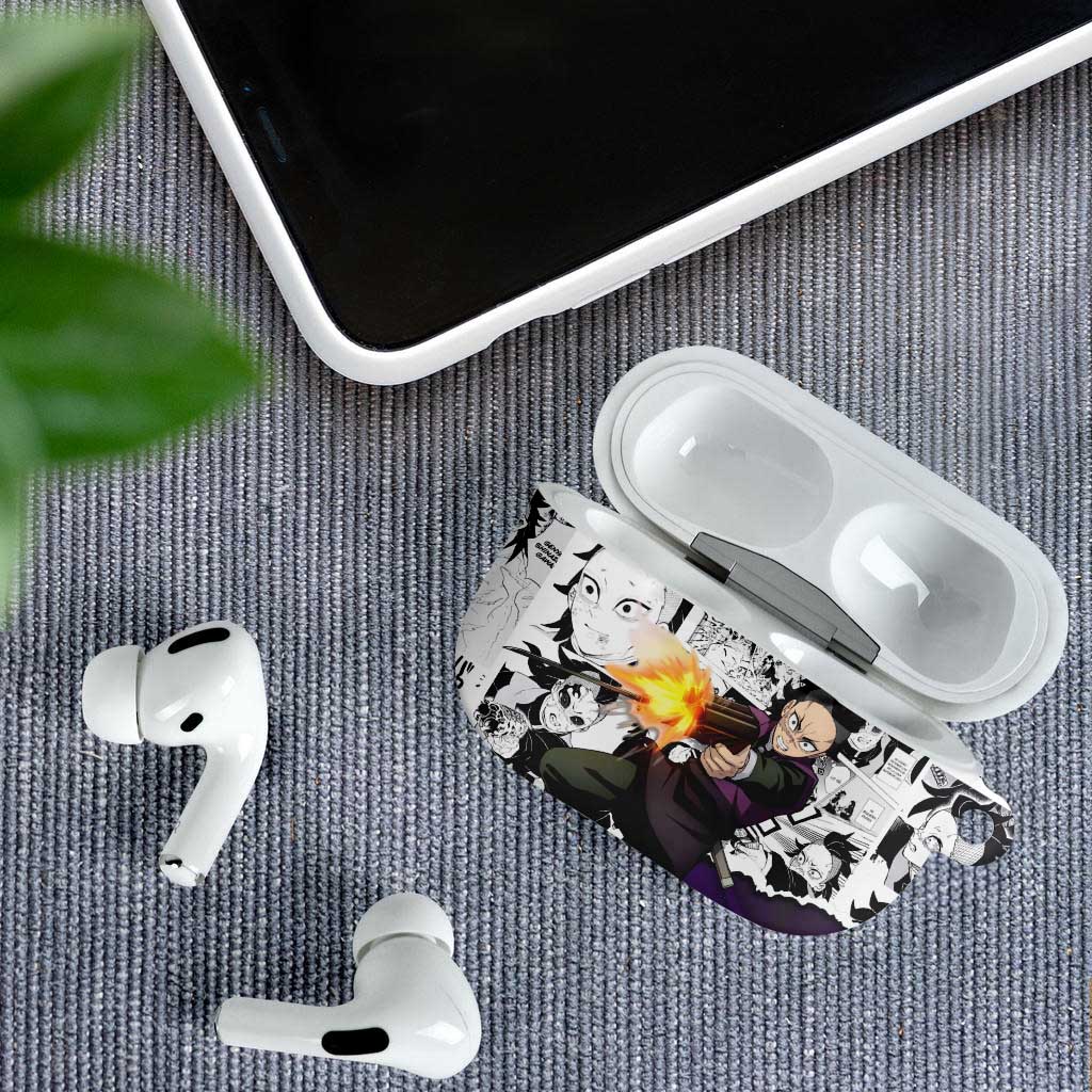 Genya Shinazugawa Demon Slayer Manga Panel Black and White Theme AirPods Case with Purple Accents and Gun Action Pose - The Mazicc