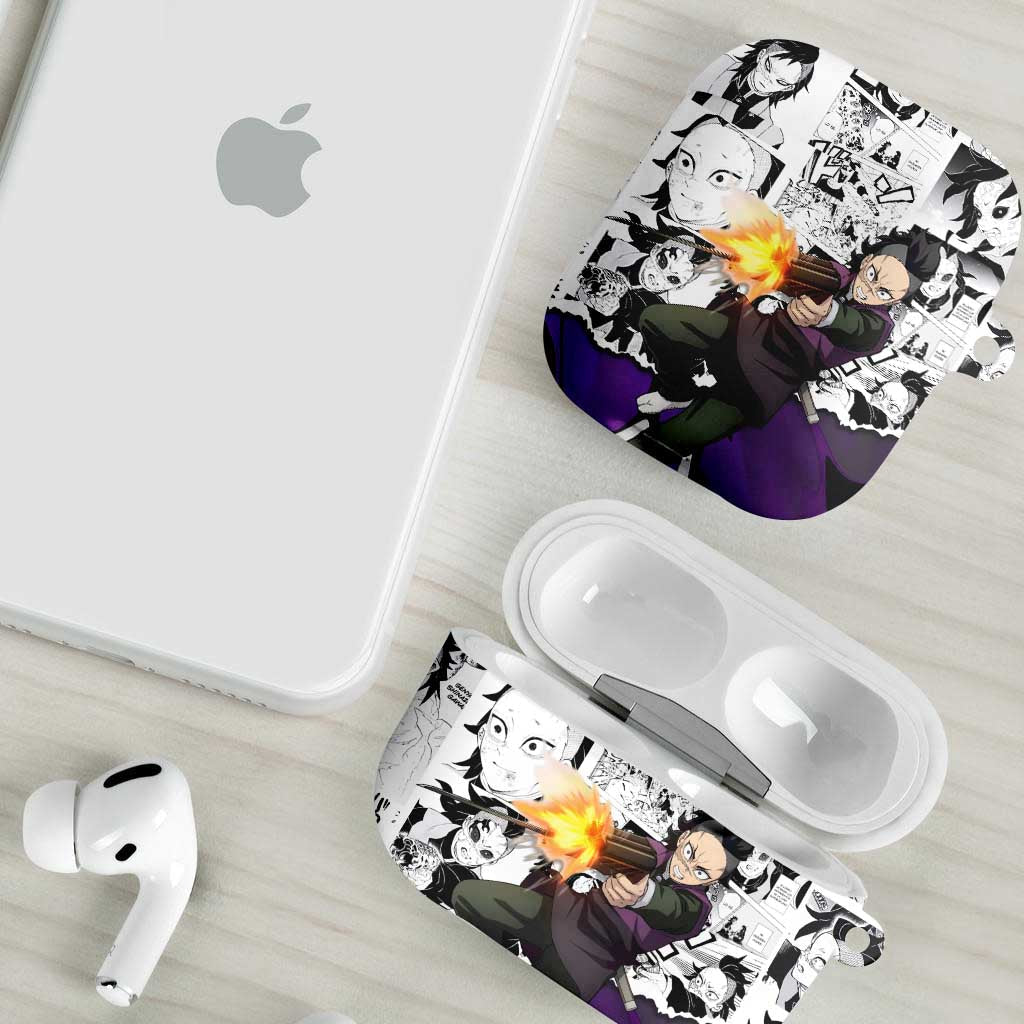 Genya Shinazugawa Demon Slayer Manga Panel Black and White Theme AirPods Case with Purple Accents and Gun Action Pose - The Mazicc